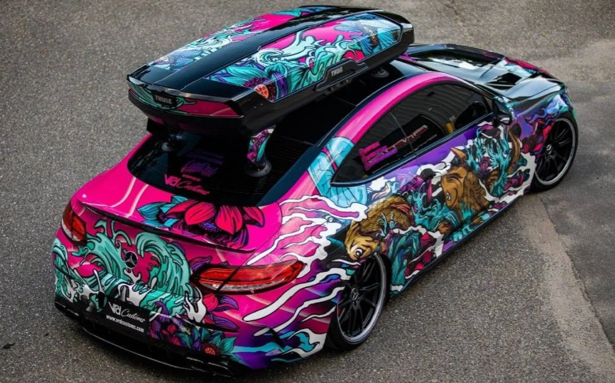 Printed vehicle wrap photographed outdoors